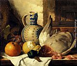 Prawns, A Mallard, A Lemon, An Apple, Grapes And A Stoneware Jug On A Draped Wooden Ledge by Edward Ladell